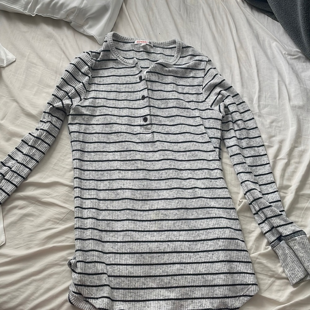 Sundry Womens Grey & Black Striped Thermal Long Sleeve Top 2 M
